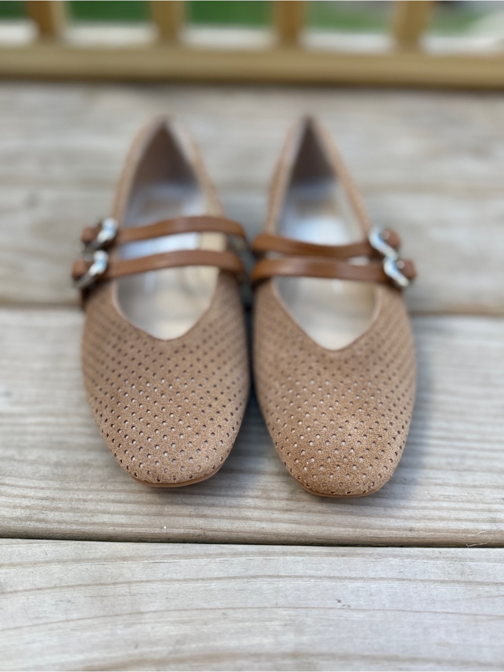 Dolce Vita Perforated Tan Mary Jane Flats with Dual Straps